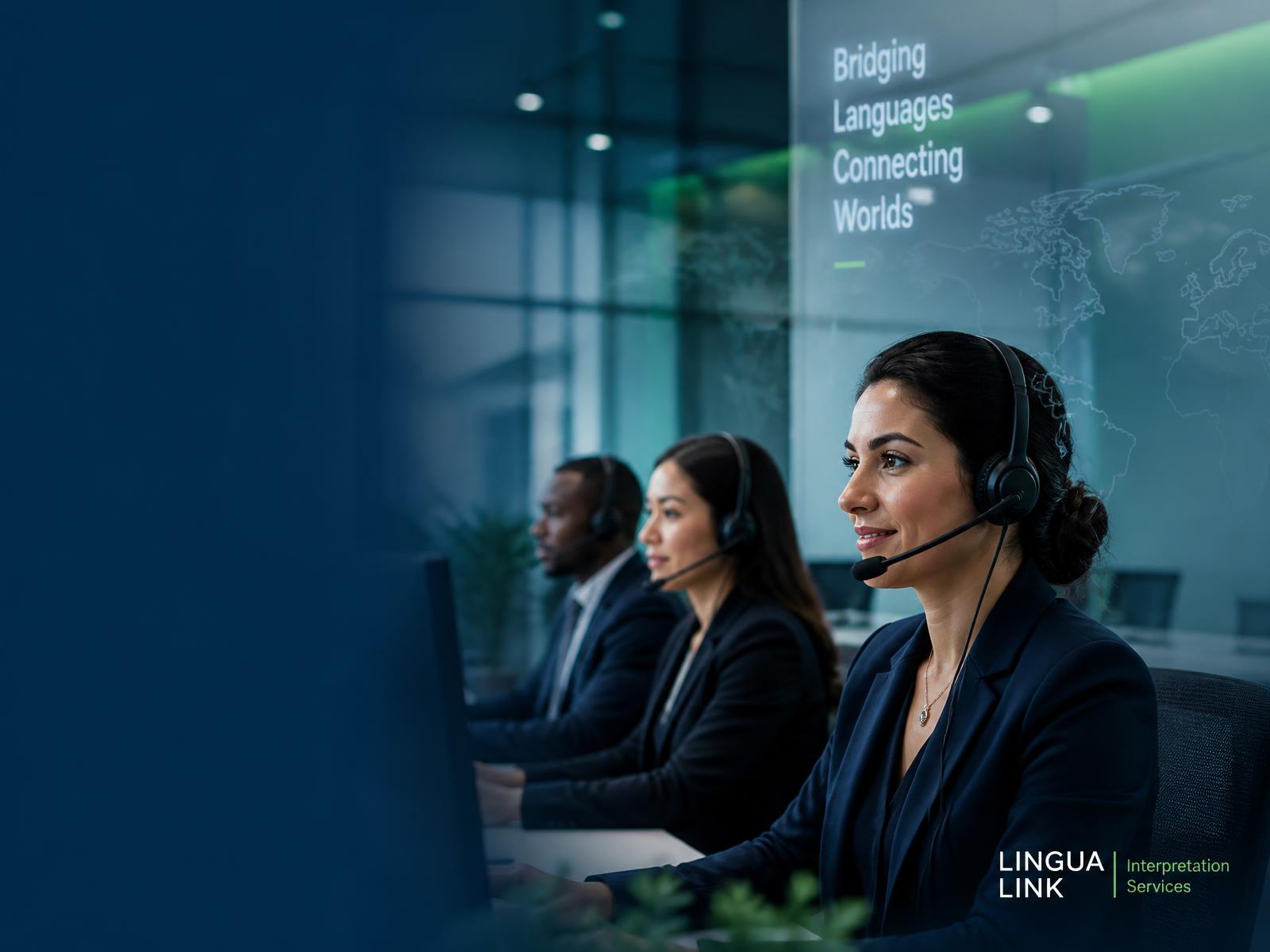 Professional interpreters with headsets working in a modern language services center